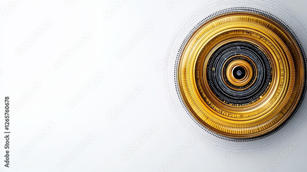Poster intricate circular design with golden and black elements on white background