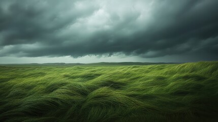 A mesmerizing view of lush green grass swaying under a dramatic stormy sky, evoking a sense of depth and tranquility in nature's wildness.