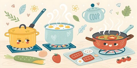 Cartoon Cooking Pots and Stovetop Scene &ndash; Colorful Cookware with Boiling Water, Frying Pan, and Simmering Dishes