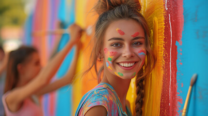 Joyful woman painting a colorful mural outdoors