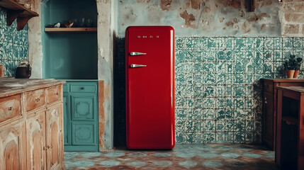 Red retro refrigerator in rustic kitchen, distressed walls, vintage cabinets, tiled backsplash.  Use Home appliance, interior design, lifestyle blog