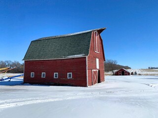 An old red wooden historic barn keeping watch over its cornfield