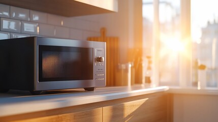 Modern microwave oven in sunny kitchen