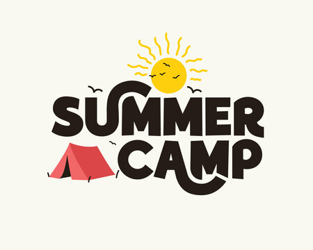Summer camp banner design with sun, birds and a tent on white background. Summer logotype sticker for poster, template, flyer, greeting card, t shirt print. Editable text vector illustration.