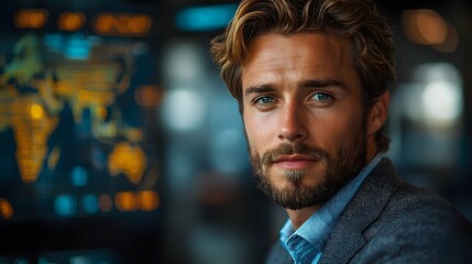 Fototapeta premium Sophisticated and Worldly Diplomat Portrait Symbolizing Global Outreach and International Trade Networks