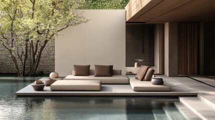 Elegant outdoor living space featuring a platform over still water
