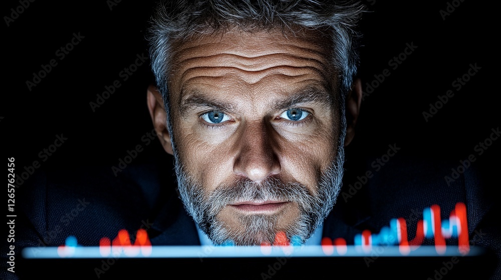 Poster intense businessman analyzing data with graphs in dark room