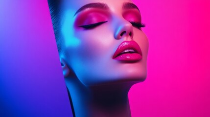 A striking female model with vibrant pink lips, half her face in shadow, exuding bold elegance and mystery.