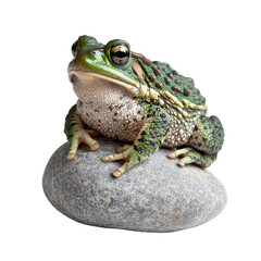 Obraz premium Green toad peacefully posed on grey stone against white backdrop