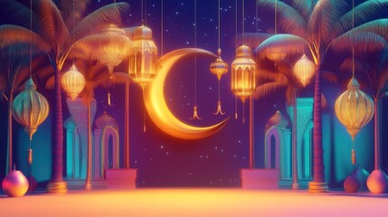 Ramadan celebration with golden crescent moon and lanterns against night sky