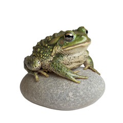 Obraz premium Green toad peacefully posed on grey stone against white backdrop