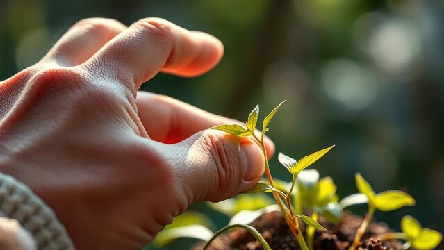 Detailes de una mano segurando lapicera y mirando hacia la planta, detalle, crecimiento, arte
