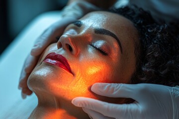 A beautiful American woman with curly hair at a cosmetologist's procedure. large portrait of a woman