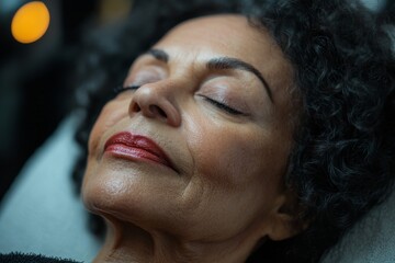 A beautiful 60-year-old American woman with curly hair at a cosmetologist's procedure. large portrait of a woman