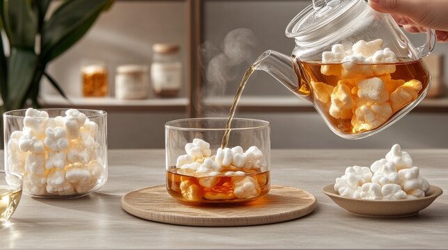 A hand pours steaming marshmallow root tea from a glass teapot into a clear glass cup filled with fluffy marshmallow shapes