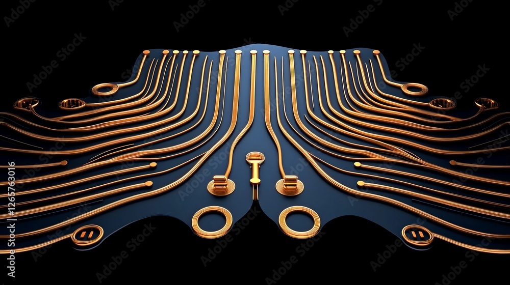 Poster intricate circuit design with golden lines on black background