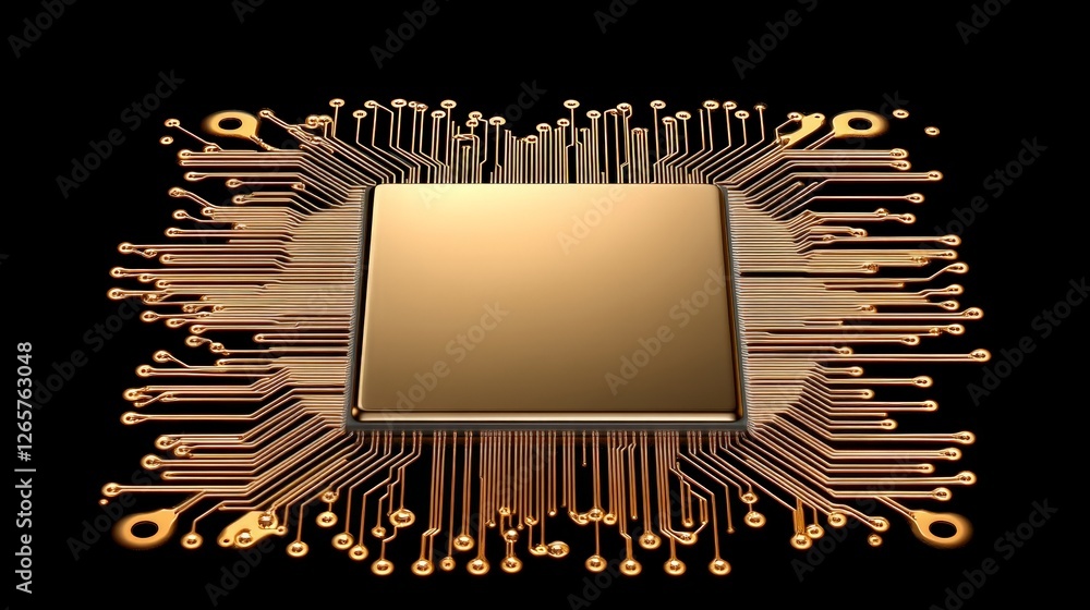 Poster abstract golden cpu chip with circuitry on black background