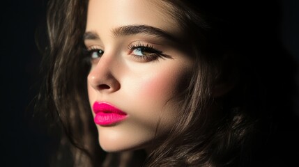 Fototapeta premium A striking female model with vibrant pink lips, half her face in shadow, exuding bold elegance and mystery.