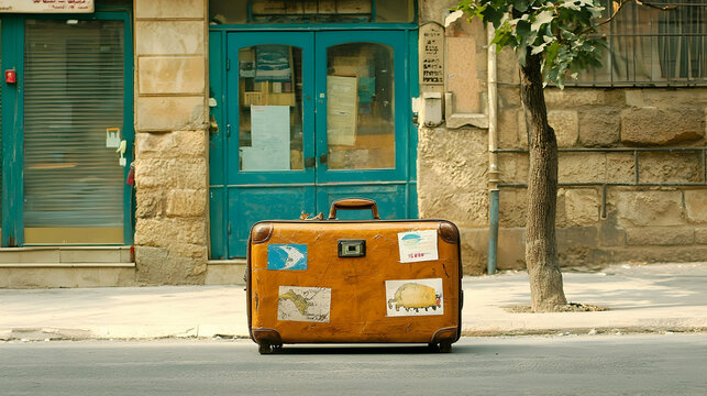 Vintage suitcase sits on city street, near teal doors, background shows building and tree; ideal for travel blogs or adventure articles