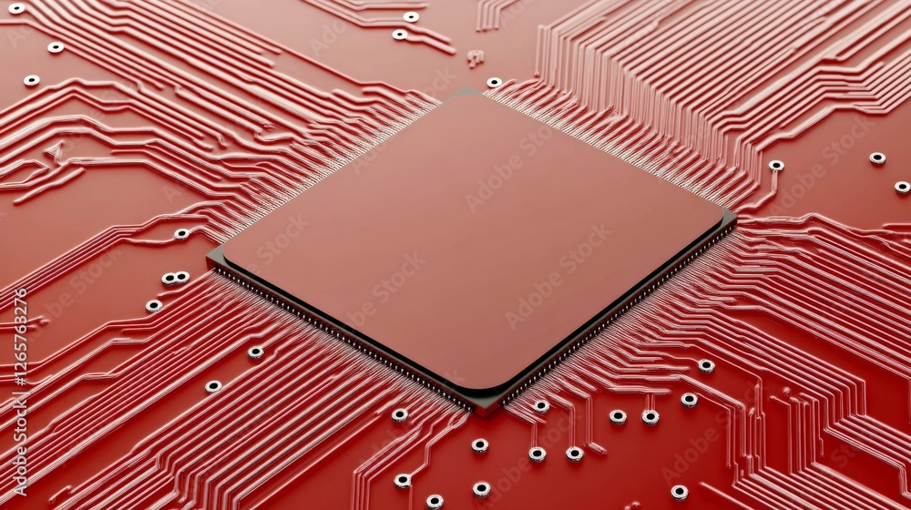 Poster red circuit board with central microchip and detailed connections