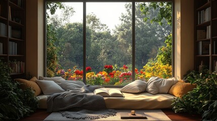 Comfortable window seat offers a relaxing view of a garden