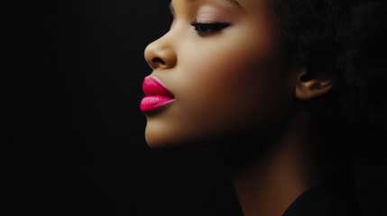 A striking female model with vibrant pink lips, half her face in shadow, exuding bold elegance and mystery.