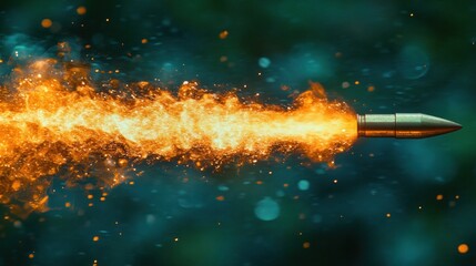 Flaming bullet, dark background, speed, impact, power