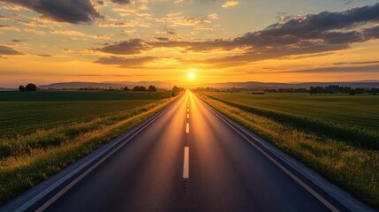Fototapeta premium A breathtaking view of an empty road stretching into the distance, framed by lush green fields under a warm sunset sky.