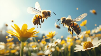 Bee and flowers in Spring.