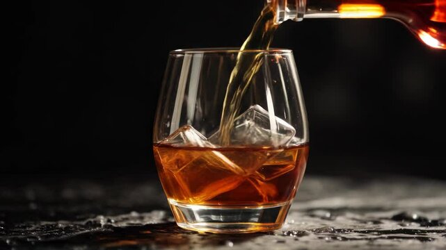Slow motion shot of amber colored whiskey pouring into a glass filled with raw ice rocks, sitting on a black marble surface, high contrast against a pitch black background