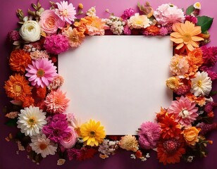 Obraz premium Colorful floral frame surrounding a blank canvas for creative displays, frame mockup