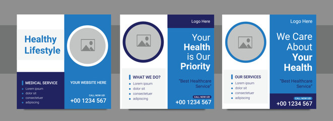 Medical healthcare service social media post doctor consultation square banner, hospital clinic diagnostic center business promotion social media post and web template set
