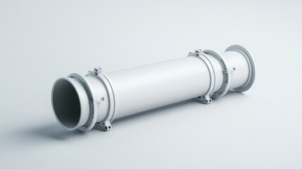 White cylindrical pipe with metal fittings on a light background showcasing industrial design and functionality