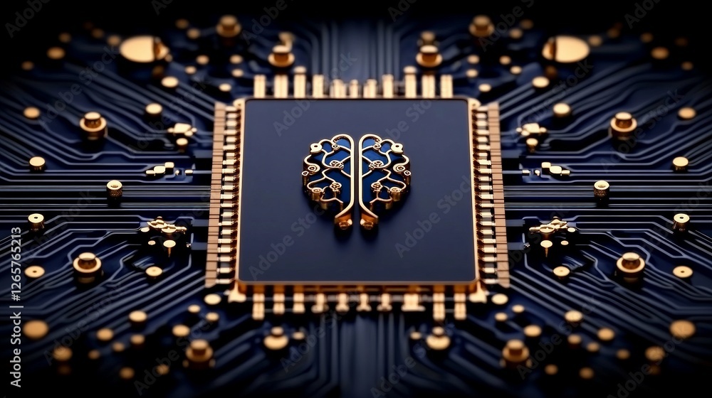Poster circuit board with brain design on processor, technology concept