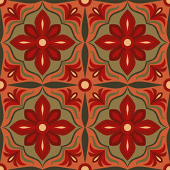 Seamless vector pattern with ornate floral and geometric elements in rich red, green, and earthy orange tones. The symmetrical design features stylized flowers and swirling motifs, inspired by