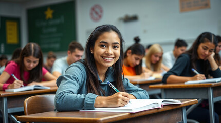 Smiling senior high school girl sitting at desk in classroom, writing in notebook, posing and looking at camera. Group of diverse classmates studying on background 