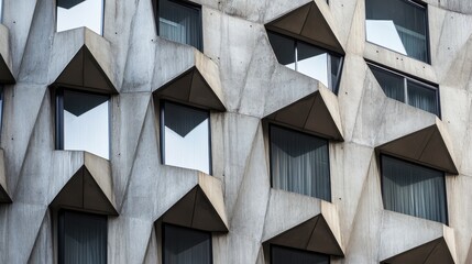Abstract view of a modern concrete building facade with geometric window patterns, showcasing unique architectural design.