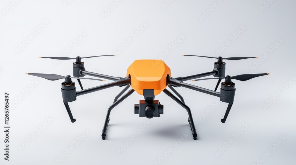 Poster orange drone with four rotors and a camera on gray background for aerial photography and videography
