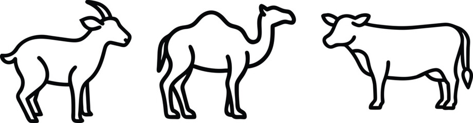 Cow, Camel, and Goat Outline Vector Illustration