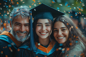 Happy Parents Hugging Graduate in School Uniform, Heartwarming Family Moment