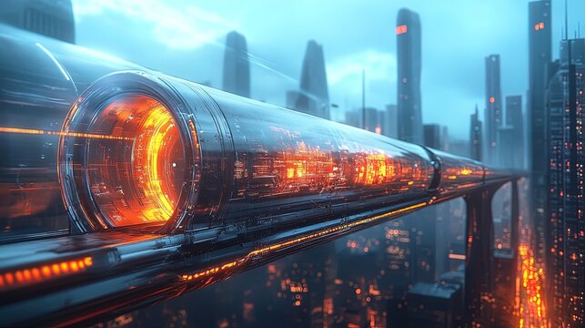 A hyperloop train cutting through a glowing urban skyline, modern and innovative 