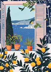 vintage Mediterranean window with lemon poster illustration