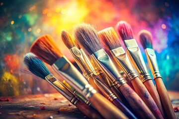 Obraz premium Faded Paint Brushes: Artistic Still Life Photography with Soft Focus and Color Gradient