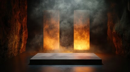 This captivating image presents dual stone pillars illuminated by fiery light, creating a dramatic contrast that symbolizes strength and resilience in a mystical environment.