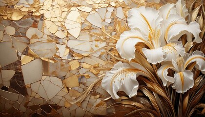 Background with beautiful white irises on mosaic stones with gold accents © profesja_bielsko