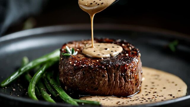 Slow motion shot of a thick, well-cooked fillet of beef, over which a generous amount of white truffle cream with black pepper is poured, with a side of green beans on an elegant black plate