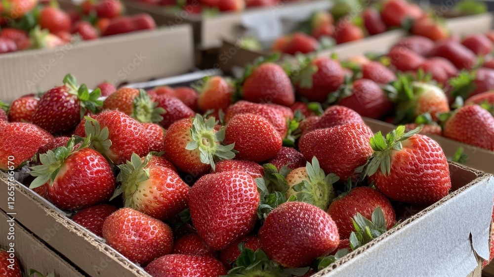 Poster boxes filled with an abundance of strawberries create a colorful display, emphasizing the beauty and