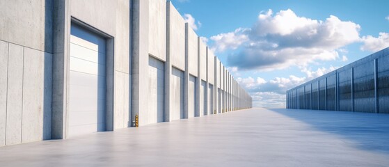 Modern warehouse, sunny day, loading docks