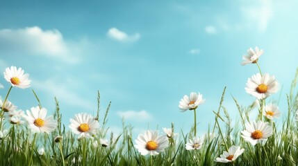 A field of vibrant daisies stretches towards a bright blue sky, creating a lively scene that captures the essence of nature's beauty and the joy of blossoming flowers.