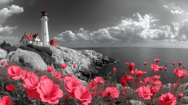 Coastal Lighthouse with Pink Poppies, Dramatic Sky, Black and White Background